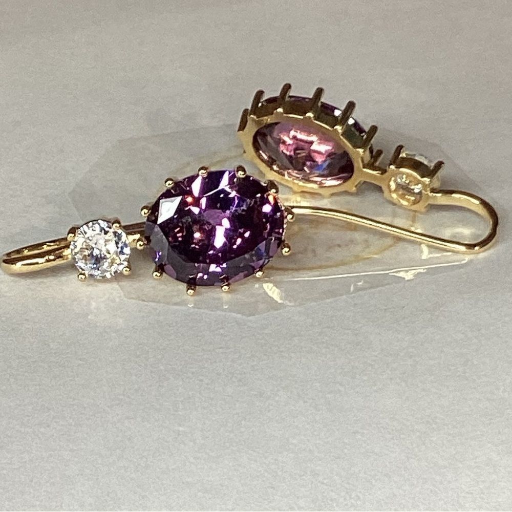 Elegant 10k Gold Vermeil Oval Cut Purple Amethyst Cz Diamond Hook Drop Earrings 49$
